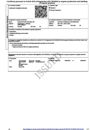 Certificate Organic Stidcsvig 2026