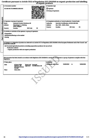 Organic Certificate Essentia Protein Solution AB 02 2026 1