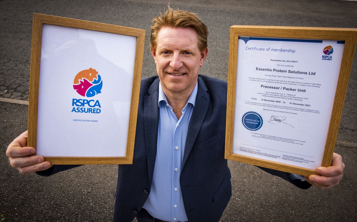 Essentia's Tom Cooke With RSPCA Assured Logo And Certificate Essentia's Tom Cooke With RSPCA Assured Logo And Certificate